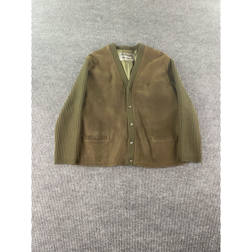 Vintage Bruestle Sweater Blazer Men Medium Brown Wool Leather Cardigan Bomber